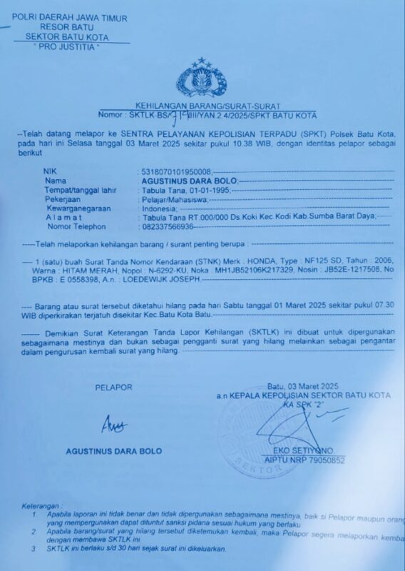 Berita Kehilangan Surat Tanda Nomor Kendaraan Sepeda Motor