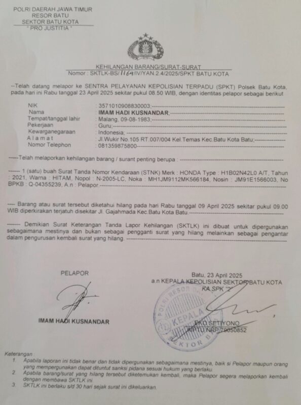 Berita Kehilangan Surat Tanda Nomor Kendaraan Sepeda Motor