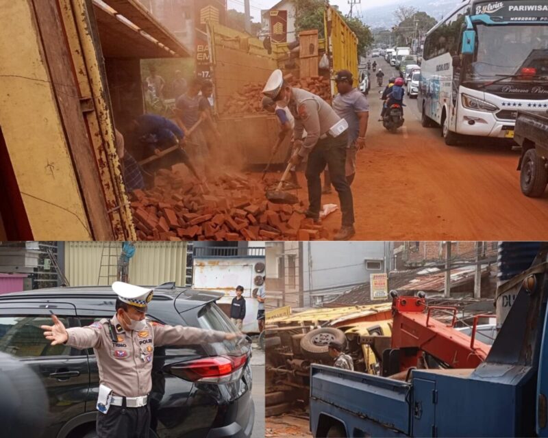 Truk Batu Bata Oleng di Tanjakan Bukit Berbunga