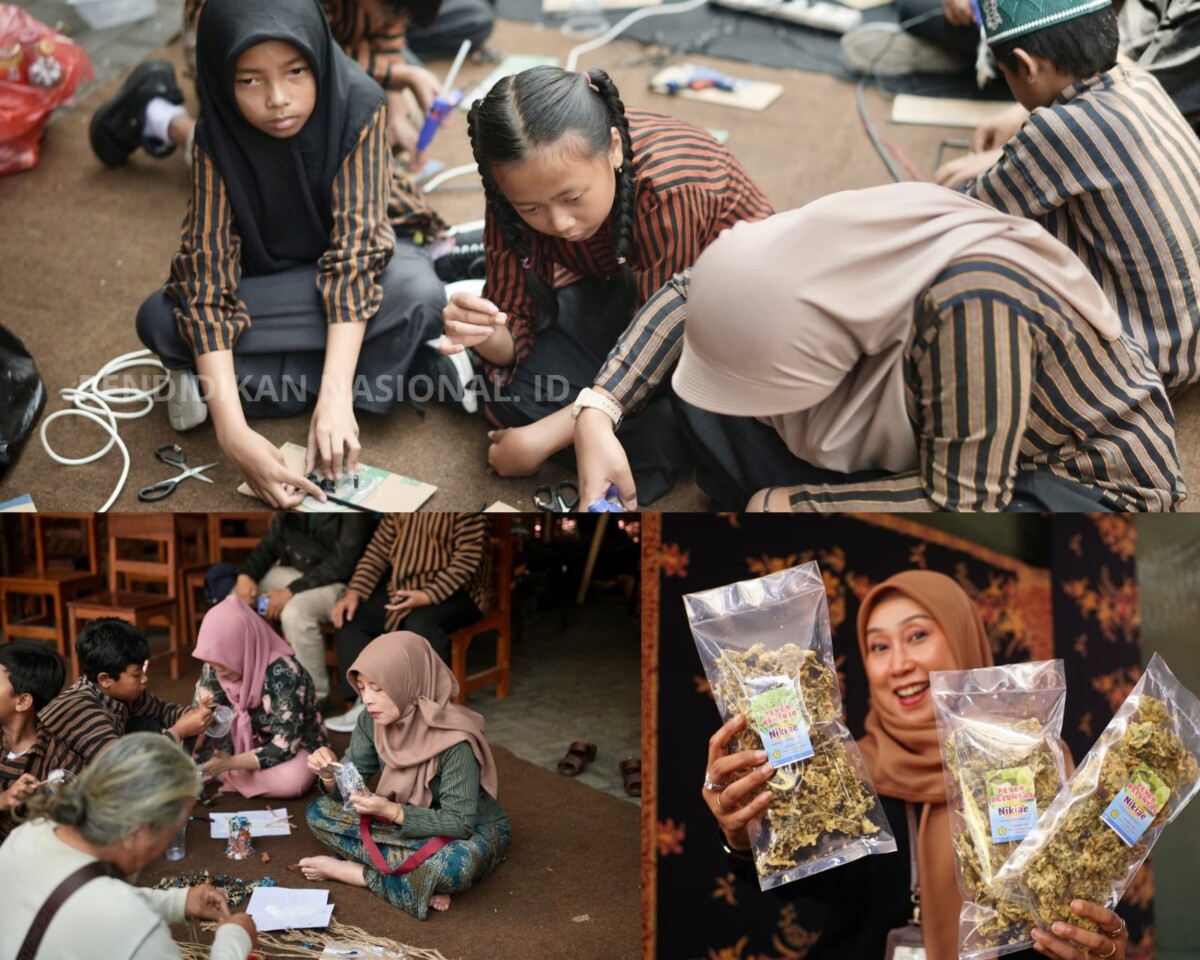 Anak-anak sedang membuat wayang mendong dari daun dalam kegiatan kreatif Junrejo Tempo Doeloe
