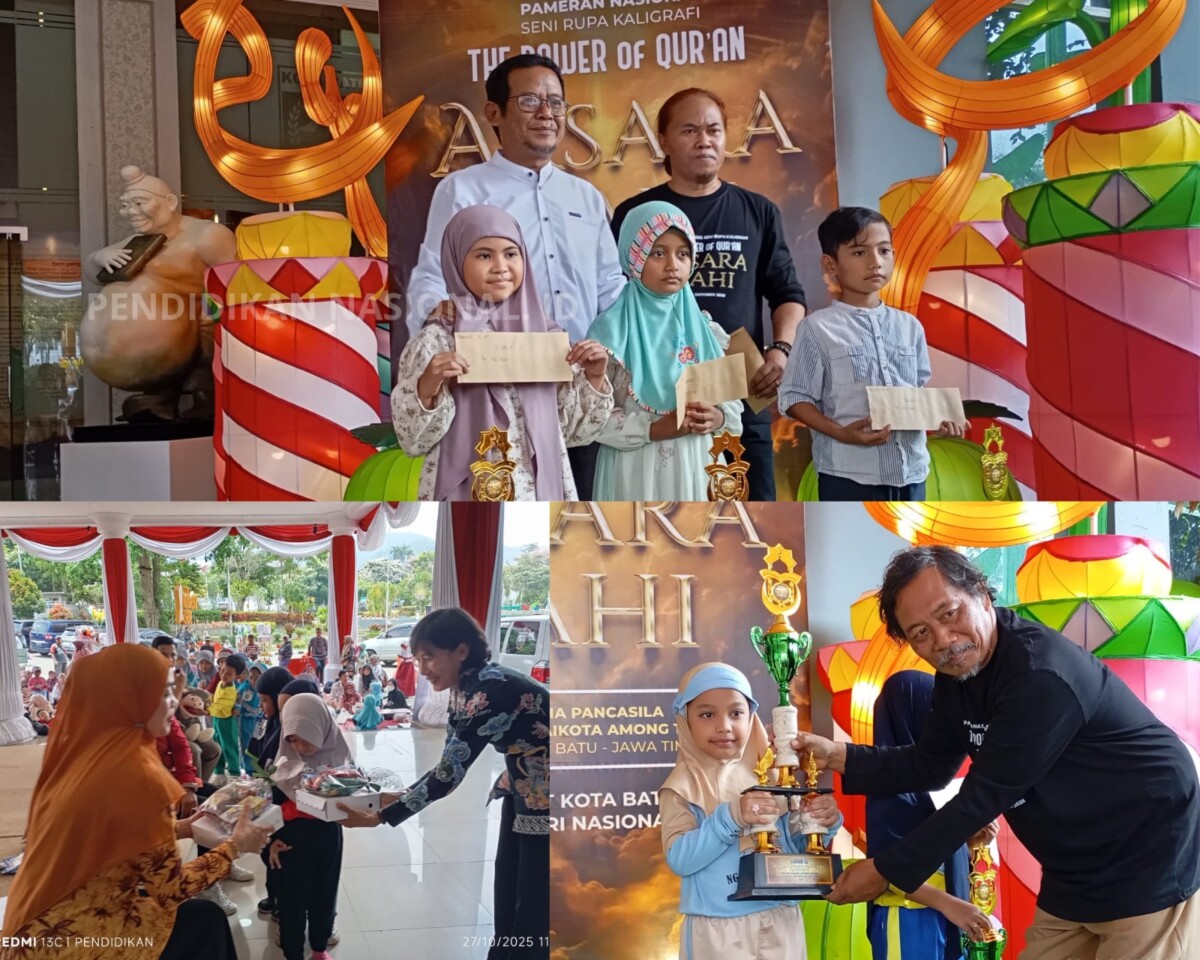 Penyerahan piala kepada juara oleh pelaku seni, pelukis senior