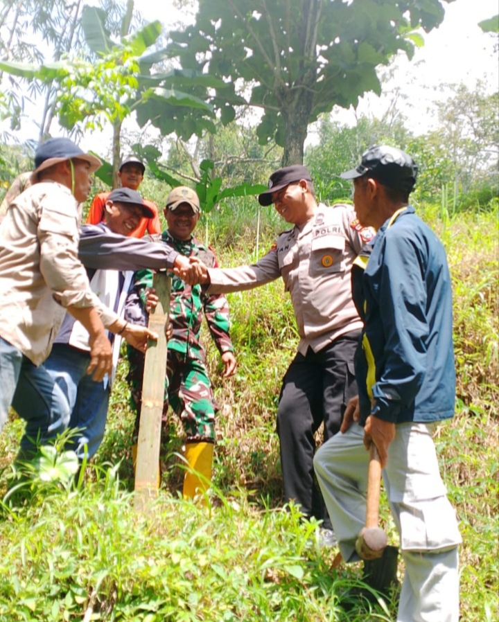 Tampak gotong royong KTH, LMDH, BABINSA, Bhabinkamtibmas, masyarakat ketika penanaman pohon dilereng gunung banyak. 