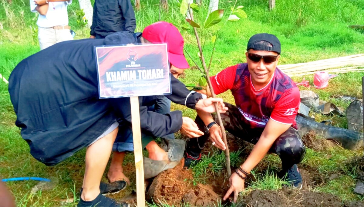 Tampak Sekretaris DPC PDI Perjuangan bersama anggota DPRD Batu antusias dan semangat menanam pohon. 