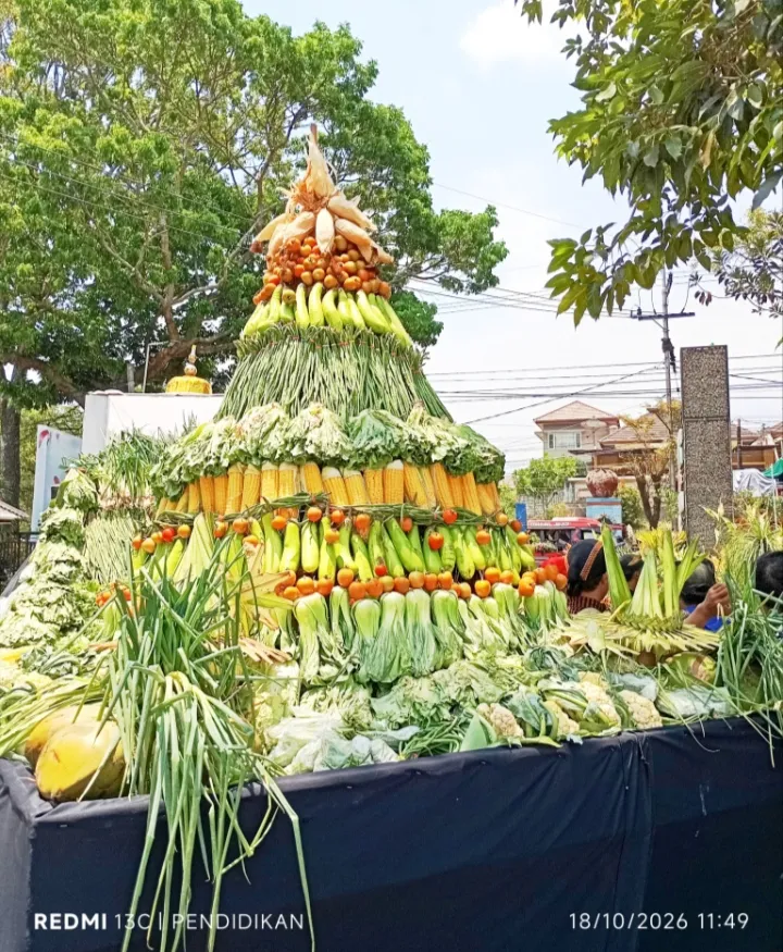 Tampak tumpeng hasil bumi juga ikut mewarnai dalam karnaval selamatan desa. 